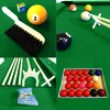 A collage of images showing various billiard accessories and balls on a green billiard table. Produktbild-Vorschau