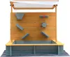 A wooden sandbox with a canopy and various water play features. Produktbild-Vorschau