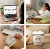 A collage of four images showing a woman using a Cricut cutting machine to create custom designs on a mug, and a finished mug with a lid. Produktbild-Vorschau