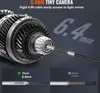 Close-up of a mechanical gear system with an endoscope camera cable inserted, and a comparison graphic below showing the camera's small diameter. Produktbild-Vorschau