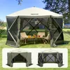 A VEVOR pop-up gazebo tent set up in a grassy backyard with a table and chairs inside.
