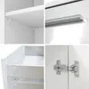 A collage of four close-up images showing details of a white and gray highboard. Produktbild-Vorschau