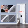 A collage of images showing a magnetic screen door, its installation, and close-ups of its material and features, with a main image of the screen door installed on a doorway. Produktbild-Vorschau
