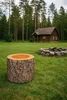 A wooden pouffe is placed on a grassy lawn in front of a rustic log cabin, with a fire pit in the midground and a forest in the background. Podgląd zdjęcia produktu