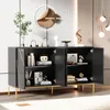 A modern black sideboard with gold accents, featuring open doors revealing shelves with decorative items and books, set in a well-lit room. Produktbild-Vorschau