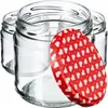 Several empty glass jars are arranged together, with one red lid decorated with white hearts placed in front of them. Voir les images du produit