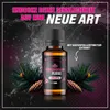A bottle of 'Spanische Fliege Drops' is shown with pine branches and cones, set against a dark, textured background with water splashes and pink halftone dots. Text overlays promote the product. Produktbild-Vorschau