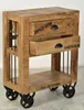A wooden bedside table with two drawers and an open shelf, mounted on black wheels. Podgląd zdjęcia produktu