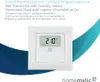 A white wall thermostat with a digital display showing the temperature, set against a background with blue and teal wave-like graphics. Produktbild-Vorschau
