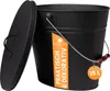 A black metal ash bucket with a lid, shown from a slightly elevated side angle against a white background. A label is attached to the bucket. Produktbild-Vorschau