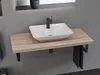 A modern bathroom sink setup with a square ceramic basin on a wooden countertop. Produktbild-Vorschau