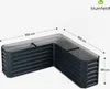 An L-shaped raised garden bed made of dark gray corrugated metal, shown from a slightly elevated angle against a white background. Dimensions are indicated with lines and text. Náhľad obrázku produktu