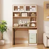 A desk with a hutch, mini-fridge, and various items on shelves. Produktbild-Vorschau