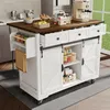 A kitchen island with a wooden countertop, drawers, and sliding doors, stocked with various food items and kitchen appliances. Podgląd zdjęcia produktu