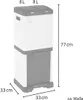 A diagram showing the dimensions of a white and gray trash can with two compartments. Produktbild-Vorschau