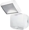 A white LED outdoor spotlight with a motion sensor, shown against a white background. Produktbild-Vorschau