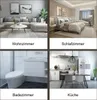 Collage of four different rooms: living room, bedroom, bathroom, and kitchen. Produktbild-Vorschau