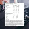 A close-up of a nutritional information label for a protein powder, with a blurred background of gym equipment. Produktbild-Vorschau