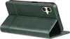 A green leather flip case for a smartphone is shown from the side, with the phone partially visible inside. Produktbild-Vorschau