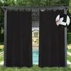 Black outdoor curtains hanging from a pergola, with a swimming pool and lounge chairs visible in the background. Anteprima dell’immagine prodotto