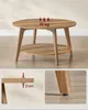 A round wooden coffee table with a lower shelf, shown from multiple angles with informative text. Produktbild-Vorschau