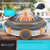 A pool cleaning robot is shown on a wooden surface with a blurred background of a pool and trees. Produktbild-Vorschau