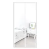 A bedroom scene with a bed and a nightstand, viewed through a white mesh door curtain. Produktbild-Vorschau
