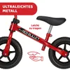 A close-up of a red balance bike with text overlays highlighting its features. Produktbild-Vorschau