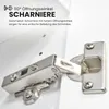 A close-up of a metal hinge attached to a white surface, with German text overlay describing its features. Produktbild-Vorschau