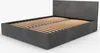 A dark gray upholstered bed frame with a headboard and wooden slats is shown against a white background. Produktbild-Vorschau