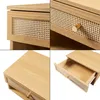 A collage of four close-up images of a wooden wall shelf with a rattan drawer front. Podgląd zdjęcia produktu