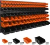 A wall-mounted storage system with multiple orange and black bins, displayed against a white background. Below the main unit, there are smaller examples of the bins with quantity labels. Produktbild-Vorschau