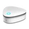 A white, modern-looking air purifier with a glowing blue power button on top. Produktbild-Vorschau