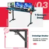 A gaming desk setup with multiple monitors, a computer tower, and accessories, presented with marketing text overlays. Podgląd zdjęcia produktu