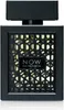 A black perfume bottle with a decorative gold lattice pattern on the front. Voir les images du produit