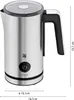 A silver milk frother with a black handle and lid, shown from the side with dimensions indicated. Voir les images du produit