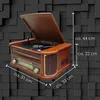 A retro-style record player and stereo system is shown against a dark, textured background. Produktbild-Vorschau