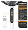 A close-up view of a white DC stand fan with a digital display and a remote control, accompanied by a detailed feature explanation graphic. Anteprima dell’immagine prodotto