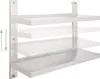 A white metal wall shelf with two adjustable shelves is shown against a white background. Arrows indicate the shelves can be moved up or down. Produktbild-Vorschau