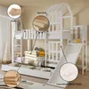 A white bunk bed with a slide and drawers, featuring close-up insets highlighting materials and features. Náhled obrázku produktu