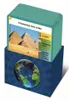 A stack of cards with images and text about the pyramids of Giza, displayed in a blue holder with a globe design. Náhľad obrázku produktu