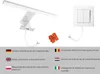 Diagram showing a white LED light fixture, orange wire connectors, and a white wall switch, with multilingual text indicating direct connection to a wall switch. Produktbild-Vorschau