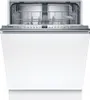 A white Bosch dishwasher with its door open, showing the interior racks and control panel. Voir les images du produit