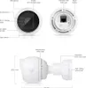Diagrams and callouts illustrating the features and dimensions of a white security camera. Produktbild-Vorschau