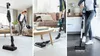 Collage of three images showing a woman using a cordless vacuum cleaner in different home settings. Produktbild-Vorschau