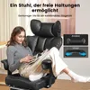 A woman is sitting in a black gaming chair, reading a magazine. The image includes marketing text and diagrams highlighting the chair's features. Voir les images du produit