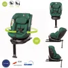 Collage showing a green car seat from multiple angles, with icons and text indicating features and certifications. Náhľad obrázku produktu