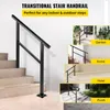 A black transitional stair handrail is shown on a set of stairs, with smaller images showing its use in different settings like a garden, home, hotel, and porch. Podgląd zdjęcia produktu