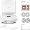 A collage showing a white robot vacuum cleaner with its charging/emptying station, along with various accessories, including spare dust bags, mopping pads, and a user manual. Produktbild-Vorschau