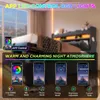 A bed with LED lights and app control features shown in a bedroom setting, with phone app interfaces displayed below. Podgląd zdjęcia produktu
